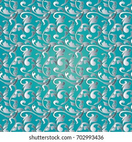 Vintage Baroque seamless pattern. Blue vector background wallpaper illustration with white vintage flowers, scroll swirl leaves , antique royal 3d baroque ornaments in Victorian style. Endless texture