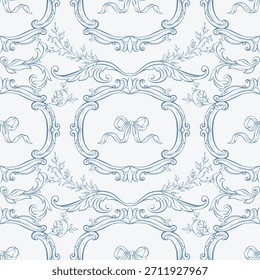 Vintage padrão barroco sem emenda. Padrão vitoriano clássico com espirros de folhas de acanto desenhadas à mão e cristas. Plano de fundo de linha whimsical para convite de casamento, envoltório de presente, embalagem, tecido, papel de parede.
