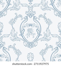 Vintage padrão barroco sem emenda. Padrão vitoriano clássico com espirros de folhas de acanto desenhadas à mão e cristas. Plano de fundo de linha whimsical para convite de casamento, envoltório de presente, embalagem, tecido, papel de parede.