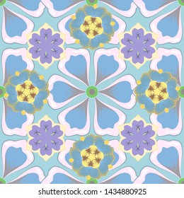 Vintage baroque seamless pattern in gray, beige and blue colors. Motley elements isolated. Ornate vector decoration. Luxury, royal and Victorian concept.