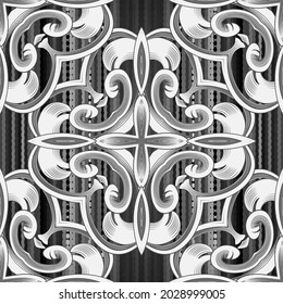 Vintage Baroque seamless pattern. Striped ornamental black and white background. Abstract repeat backdrop. Arabesque Damask ornaments. Modern design with Flowers, leaves, stripes, shapes, lines.