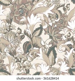 Vintage baroque seamless pattern with swirls and flowers, vector illustration