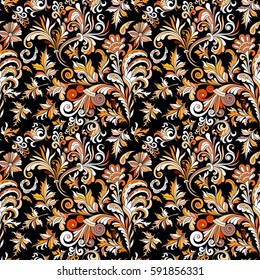 Vintage baroque seamless pattern with swirls and flowers, vector illustration. Orange brown pattern on black background