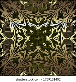 Vintage Baroque style vector seamless pattern. Crocodile skin textured 3d background. Greek key meanders gold square frame. Gold luxury old style ornament with golden flowers, leaves. Endless texture.