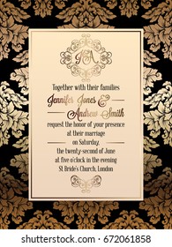 Vintage baroque style wedding invitation card template.. Elegant formal design with damask background, traditional decoration for wedding. Gold on black background