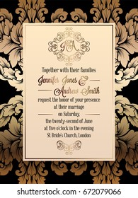 Vintage baroque style wedding invitation card template. Elegant formal design with damask background, traditional decoration for wedding. Gold on black background