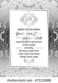 Vintage baroque style wedding invitation card template.. Elegant formal design with damask background, traditional decoration for wedding , silver decoration on gray background.