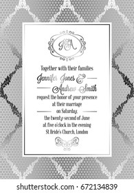 Vintage baroque style wedding invitation card template.. Elegant formal design with damask background, traditional decoration for wedding , silver decoration on gray background.