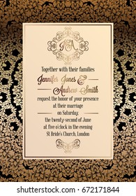 Vintage baroque style wedding invitation card template.. Elegant formal design with damask background, traditional decoration for wedding. Gold on black background