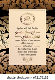 Vintage baroque style wedding invitation card template.. Elegant formal design with damask background, traditional decoration for wedding. Gold on black background