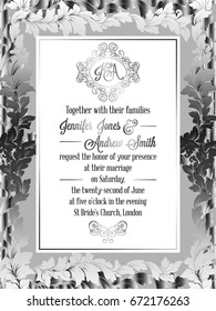 Vintage baroque style wedding invitation card template.. Elegant formal design with damask background, traditional decoration for wedding , silver decoration on gray background.