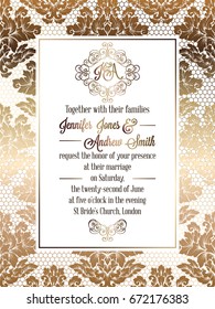 Vintage baroque style wedding invitation card template.. Elegant formal design with damask background, traditional decoration for wedding. Gold on white background