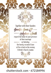Vintage baroque style wedding invitation card template.. Elegant formal design with damask background, traditional decoration for wedding. Gold on white background