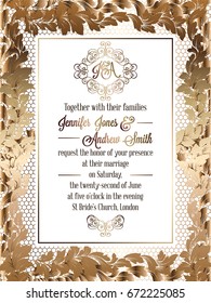 Vintage baroque style wedding invitation card template.. Elegant formal design with damask background, traditional decoration for wedding. Gold on white background