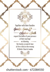 Vintage baroque style wedding invitation card template.. Elegant formal design with damask background, traditional decoration for wedding. Gold on white background