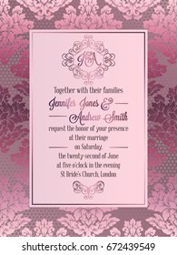 Vintage baroque style wedding invitation card template.. Elegant formal design with damask background, traditional decoration for wedding , pink color.