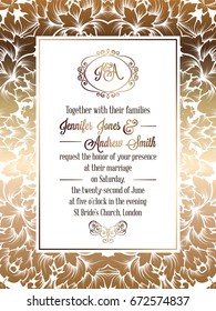 Vintage baroque style wedding invitation card template.. Elegant formal design with damask background, traditional decoration for wedding. Gold on white background