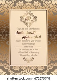 Vintage baroque style wedding invitation card template.. Elegant formal design with damask background, traditional decoration for wedding.