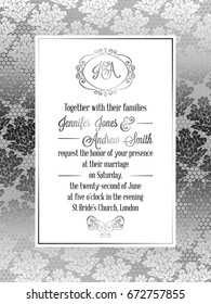 Vintage baroque style wedding invitation card template.. Elegant formal design with damask background, traditional decoration for wedding , silver decoration on gray background.