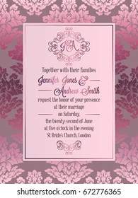 Vintage baroque style wedding invitation card template.. Elegant formal design with damask background, traditional decoration for wedding , pink color.