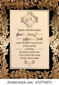 Vintage baroque style wedding invitation card template.. Elegant formal design with damask background, traditional decoration for wedding. Gold on black background
