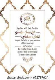 Vintage baroque style wedding invitation card template.. Elegant formal design with damask background, traditional decoration for wedding. Gold on white background
