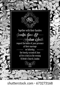 Vintage baroque style wedding invitation card template.. Elegant formal design with damask background, traditional decoration for wedding , silver decoration on black background.
