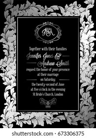Vintage baroque style wedding invitation card template.. Elegant formal design with damask background, traditional decoration for wedding , silver decoration on black background.