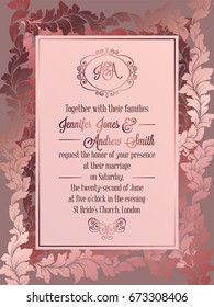 Vintage baroque style wedding invitation card template.. Elegant formal design with damask background, traditional decoration for wedding , pink color.