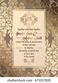 Vintage baroque style wedding invitation card template.. Elegant formal design with damask background, traditional decoration for wedding.