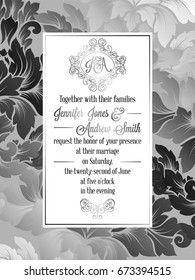 Vintage baroque style wedding invitation card template.. Elegant formal design with damask background, traditional decoration for wedding , silver decoration on gray background.