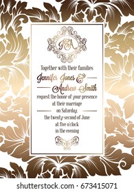 Vintage baroque style wedding invitation card template.. Elegant formal design with damask background, traditional decoration for wedding. Gold on white background