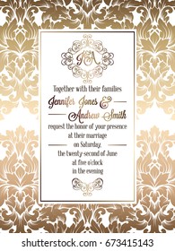 Vintage baroque style wedding invitation card template.. Elegant formal design with damask background, traditional decoration for wedding. Gold on white background