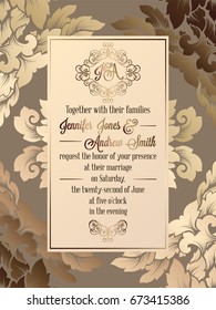 Vintage baroque style wedding invitation card template.. Elegant formal design with damask background, traditional decoration for wedding.