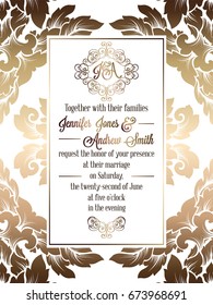 Vintage baroque style wedding invitation card template.. Elegant formal design with damask background, traditional decoration for wedding. Gold on white background