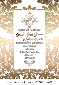 Vintage baroque style wedding invitation card template.. Elegant formal design with damask background, traditional decoration for wedding. Gold on white background