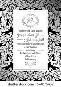 Vintage baroque style wedding invitation card template.. Elegant formal design with damask background, traditional decoration for wedding , silver decoration on black background.