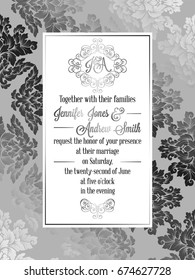 Vintage baroque style wedding invitation card template.. Elegant formal design with damask background, traditional decoration for wedding , silver decoration on gray background.