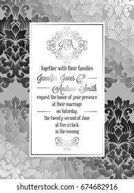 Vintage baroque style wedding invitation card template.. Elegant formal design with damask background, traditional decoration for wedding , silver decoration on gray background.