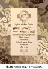 Vintage baroque style wedding invitation card template.. Elegant formal design with damask background, traditional decoration for wedding.