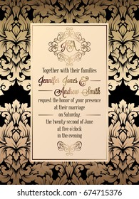 Vintage baroque style wedding invitation card template.. Elegant formal design with damask background, traditional decoration for wedding. Gold on black background
