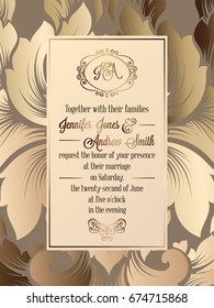 Vintage baroque style wedding invitation card template.. Elegant formal design with damask background, traditional decoration for wedding.