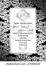 Vintage baroque style wedding invitation card template.. Elegant formal design with damask background, traditional decoration for wedding , silver decoration on black background.