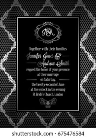 Vintage baroque style wedding invitation card template.. Elegant formal design with damask background, traditional decoration for wedding , silver decoration on black background.