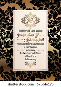 Vintage baroque style wedding invitation card template.. Elegant formal design with damask background, traditional decoration for wedding. Gold and black background
