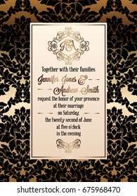 Vintage baroque style wedding invitation card template.. Elegant formal design with damask background, traditional decoration for wedding. Gold and black background