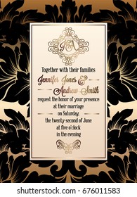 Vintage baroque style wedding invitation card template.. Elegant formal design with damask background, traditional decoration for wedding. Gold and black background