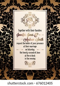 Vintage baroque style wedding invitation card template.. Elegant formal design with damask background, traditional decoration for wedding. Gold and black background