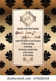 Vintage baroque style wedding invitation card template.. Elegant formal design with damask background, traditional decoration for wedding. Gold and black background