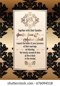 Vintage baroque style wedding invitation card template.. Elegant formal design with damask background, traditional decoration for wedding. Gold and black background